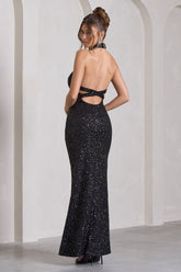 Black Sequin High-Neck Strappy-Back Split Maxi Dress
